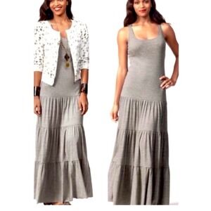 Cabi Tiered Sleeveless Maxi Dress Sz S Gray Boho Cottage Resort Flowy Scoop Neck